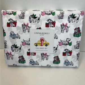 Cynthia Rowley Puppy Cheer Full Size Sheet Set Presents Bows Ornaments Gifts